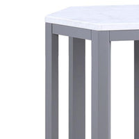 Hexagonal Shape Wooden End Table with Marble Top, Pack of Two, White and Silver