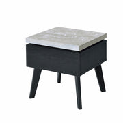 Wooden End Table with Faux Concrete Like Top and Tapered Legs Support, White and Black