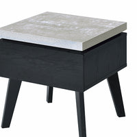 Wooden End Table with Faux Concrete Like Top and Tapered Legs Support, White and Black