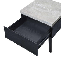 Wooden End Table with Faux Concrete Like Top and Tapered Legs Support, White and Black