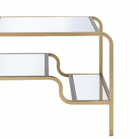 Metal Framed Mirror End Table with Tiered Shelves, Gold and Clear