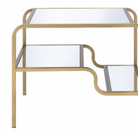 Metal Framed Mirror End Table with Tiered Shelves, Gold and Clear