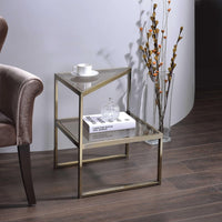 Modern Style Two Tiered Metal and Glass End Table, Gold and Clear