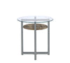 Metal Base Round End Table with Wooden Shelf and Glass Top, Black and Brown