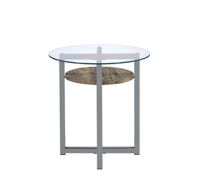 Metal Base Round End Table with Wooden Shelf and Glass Top, Black and Brown