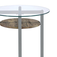 Metal Base Round End Table with Wooden Shelf and Glass Top, Black and Brown