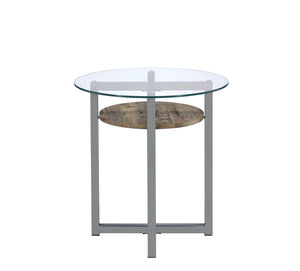 Metal Base Round End Table with Wooden Shelf and Glass Top, Black and Brown
