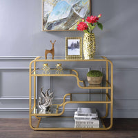 Metal Framed Mirror Sofa Table with Tiered Shelves, Gold and Clear