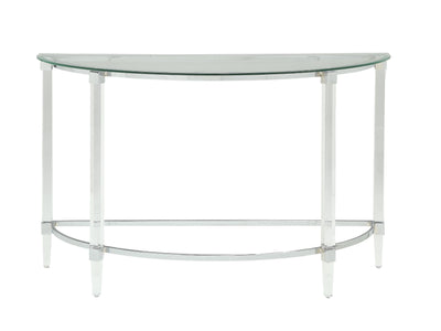 Acrylic and Metal Half Moon Sofa Table with Glass Top, Silver and Clear