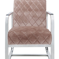 Diamond Grid Patterned Velvet Upholstered Accent Chair with Metal Arms and Legs, Pink and Silver