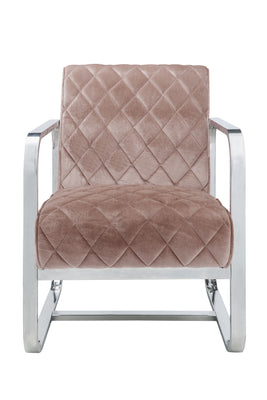 Diamond Grid Patterned Velvet Upholstered Accent Chair with Metal Arms and Legs, Pink and Silver