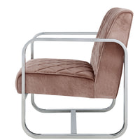 Diamond Grid Patterned Velvet Upholstered Accent Chair with Metal Arms and Legs, Pink and Silver