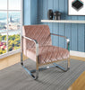 Diamond Grid Patterned Velvet Upholstered Accent Chair with Metal Arms and Legs, Pink and Silver