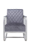 Diamond Grid Patterned Velvet Upholstered Accent Chair with Metal Arms and Legs, Gray and Silver