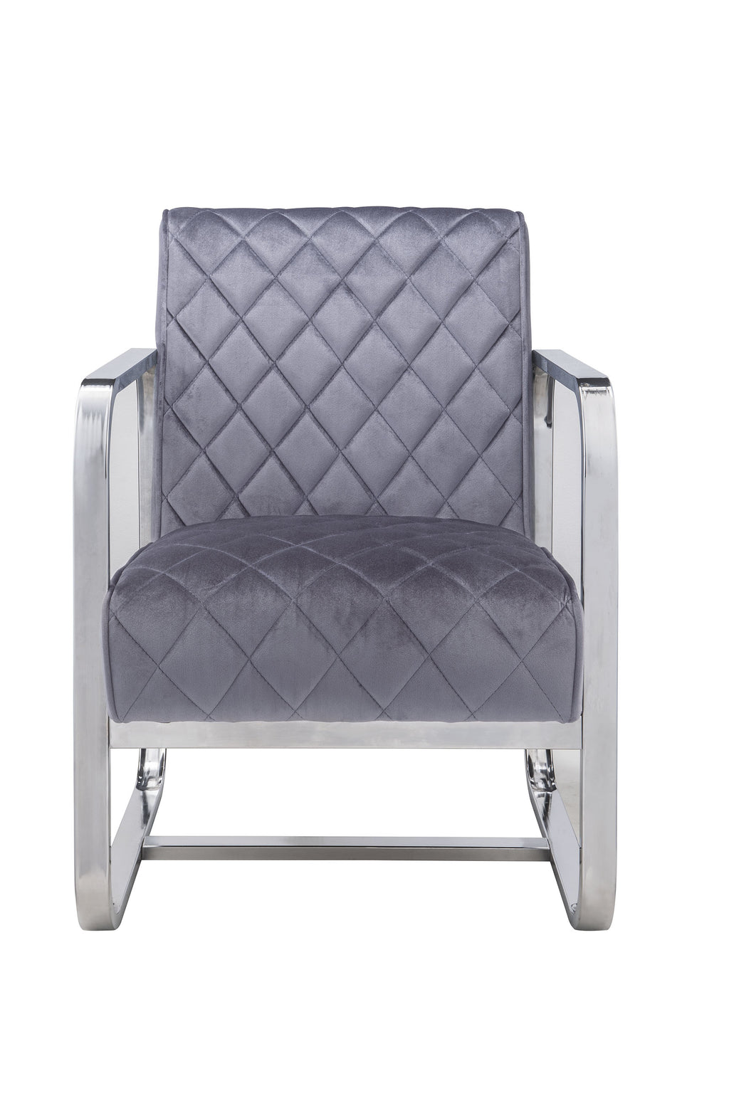 Diamond Grid Patterned Velvet Upholstered Accent Chair with Metal Arms and Legs, Gray and Silver