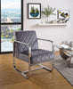 Diamond Grid Patterned Velvet Upholstered Accent Chair with Metal Arms and Legs, Gray and Silver