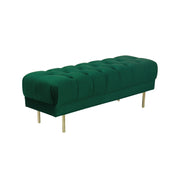 Velvet Upholstered Metal Bench with Deep Button Tufted Details, Emerald Green