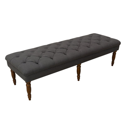 Wooden Bench with Tufted Fabric Upholstered Seat and Turned Legs, Dark Gray