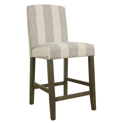 Fabric Upholstered Wooden Barstool with Awning Stripe Pattern, White and Gray, Small