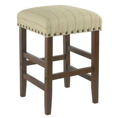 Wooden Counter Stool with Stripe Pattern Fabric Padded Seat, Beige and Brown