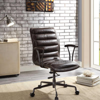 Tufted Leatherette Office Chair with Adjustable Metal Base and Padded Armrest, Brown and Gray