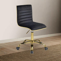 Velvet Upholstered Armless Office Chair with Adjustable Height and Tufting Details, Black and Gold
