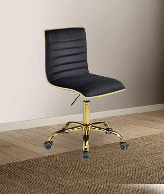 Velvet Upholstered Armless Office Chair with Adjustable Height and Tufting Details, Black and Gold