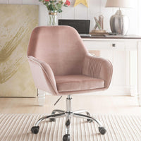 Adjustable Velvet Upholstered Swivel Office Chair with Slopped Armrests, Beige and Silver