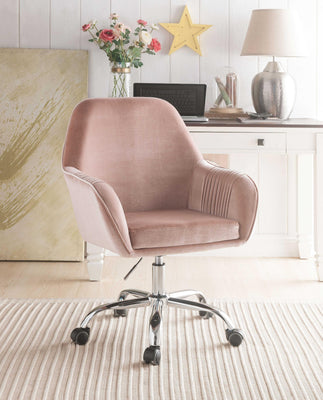 Adjustable Velvet Upholstered Swivel Office Chair with Slopped Armrests, Beige and Silver