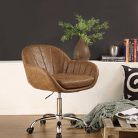 Tufted Leatherette Swivel Office Chair with Adjustable Height, Brown and Silver