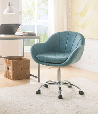 Tufted Leatherette Swivel Office Chair with Adjustable Height, Blue and Silver