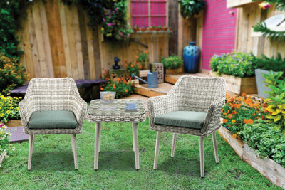 Resin Wicker and Metal Patio Bistro Set with Two Chairs and Table, Beige and Green, Set of Three