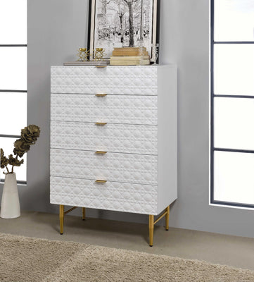 Five Drawers Wooden Chest with Textured Front Panel and Tapered Legs, White and Gold