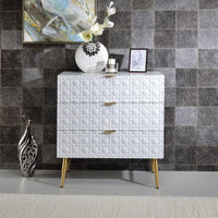 Three Drawers Wooden Dresser with Textured Front Panel and Tapered Legs, White and Gold