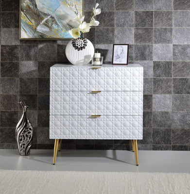 Three Drawers Wooden Dresser with Textured Front Panel and Tapered Legs, White and Gold