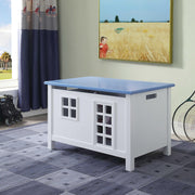Lift Top Wooden Chest with Block Legs and Cutout Design, White and Blue