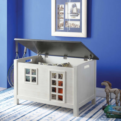 Lift Top Wooden Chest with Block Legs and Cutout Design, White and Gray