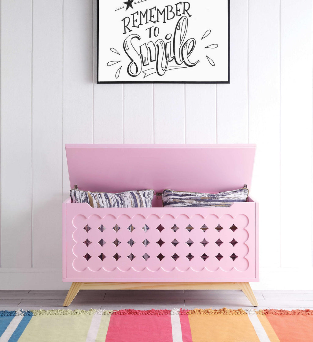 Wooden Chest with Tapered Legs and Lift Top Storage, Pink and Brown