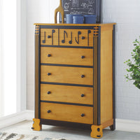 Wooden Five Drawers Chest with Musical Notes Design, Brown and Black