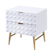 Two Drawers Wooden Nightstand with Textured Front Panel and Tapered Legs, White and Gold