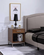 Spacious Wooden Nightstand with Metal Base, Brown and Silver