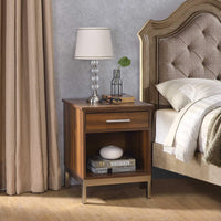 Spacious Wooden Nightstand with Metal Base, Brown and Gold