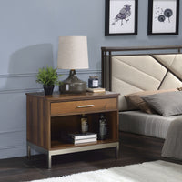 Metal Stand Wooden Nightstand with Drawer and Open Shelf, Brown and Silver