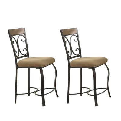 Metal Counter Height Chair with Fabric Cushion Seat and Flared Legs, Brown and Black, Set of Two