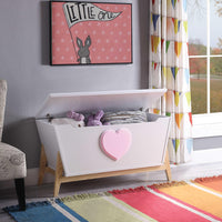Tapered Wooden Chest with Angled Legs Stand and Heart Accent, White and Pink