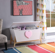 Tapered Wooden Chest with Angled Legs Stand and Heart Accent, White and Pink