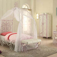 Contemporary Metal Twin Bed with Canopy and Scrolled Work Details, White and Purple