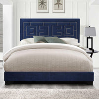 Transitional Fabric Upholstered Queen Bed with Block Legs and Nail Head Trims, Blue