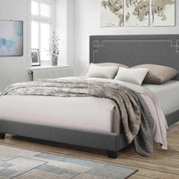 Transitional Fabric Upholstered Queen Bed with Block Legs and Nail Head Trims, Gray