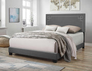 Transitional Fabric Upholstered Queen Bed with Block Legs and Nail Head Trims, Gray